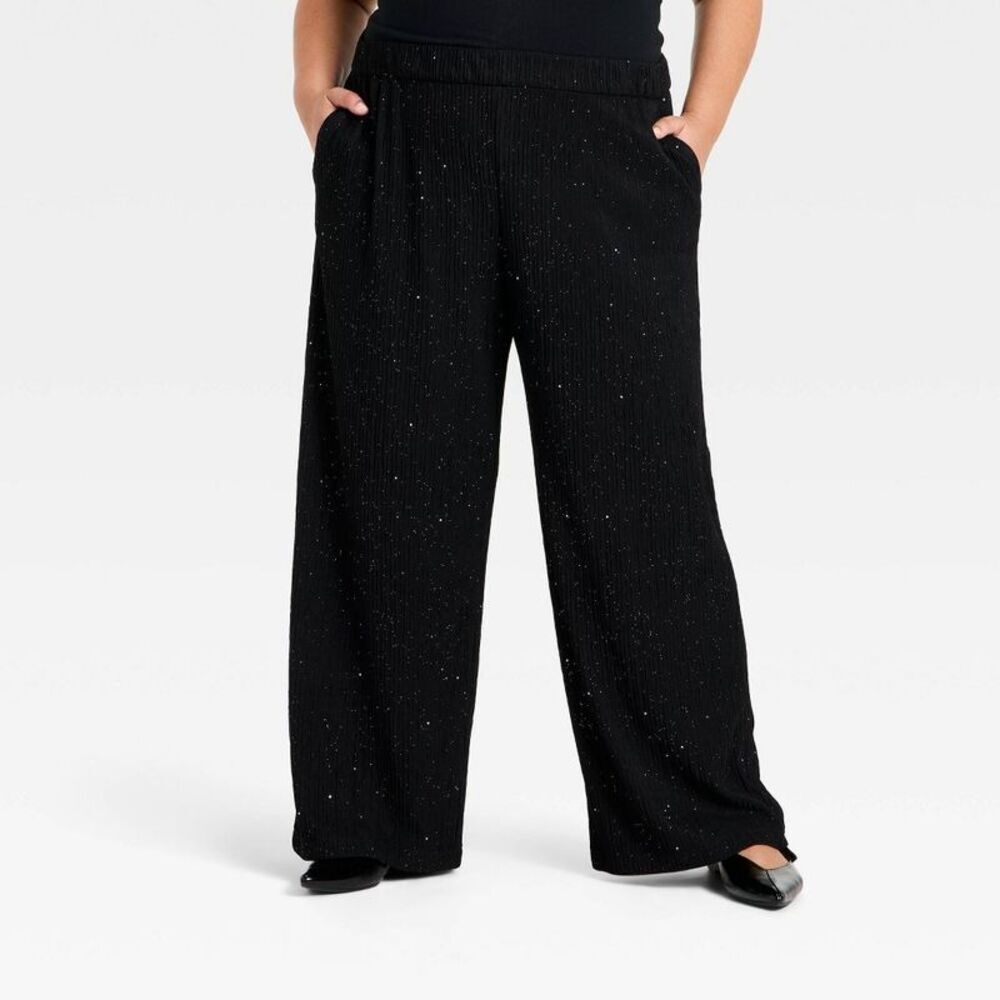 Women's High-Rise Sparkle Wide Leg Pull-On Pants - Ava & Viv Black XXL